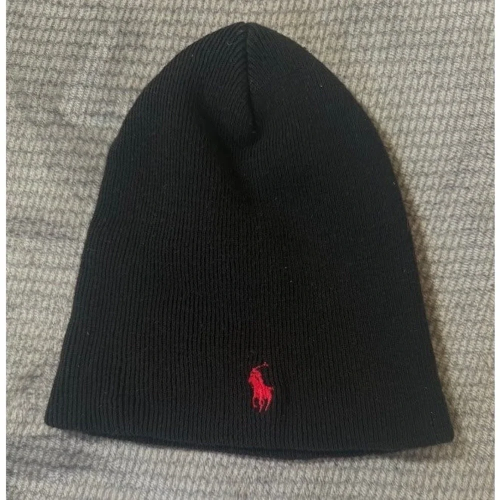 Polo Ralph Lauren Beanie Hat Black Red Pony Logo Ribbed Knit Mens One Size